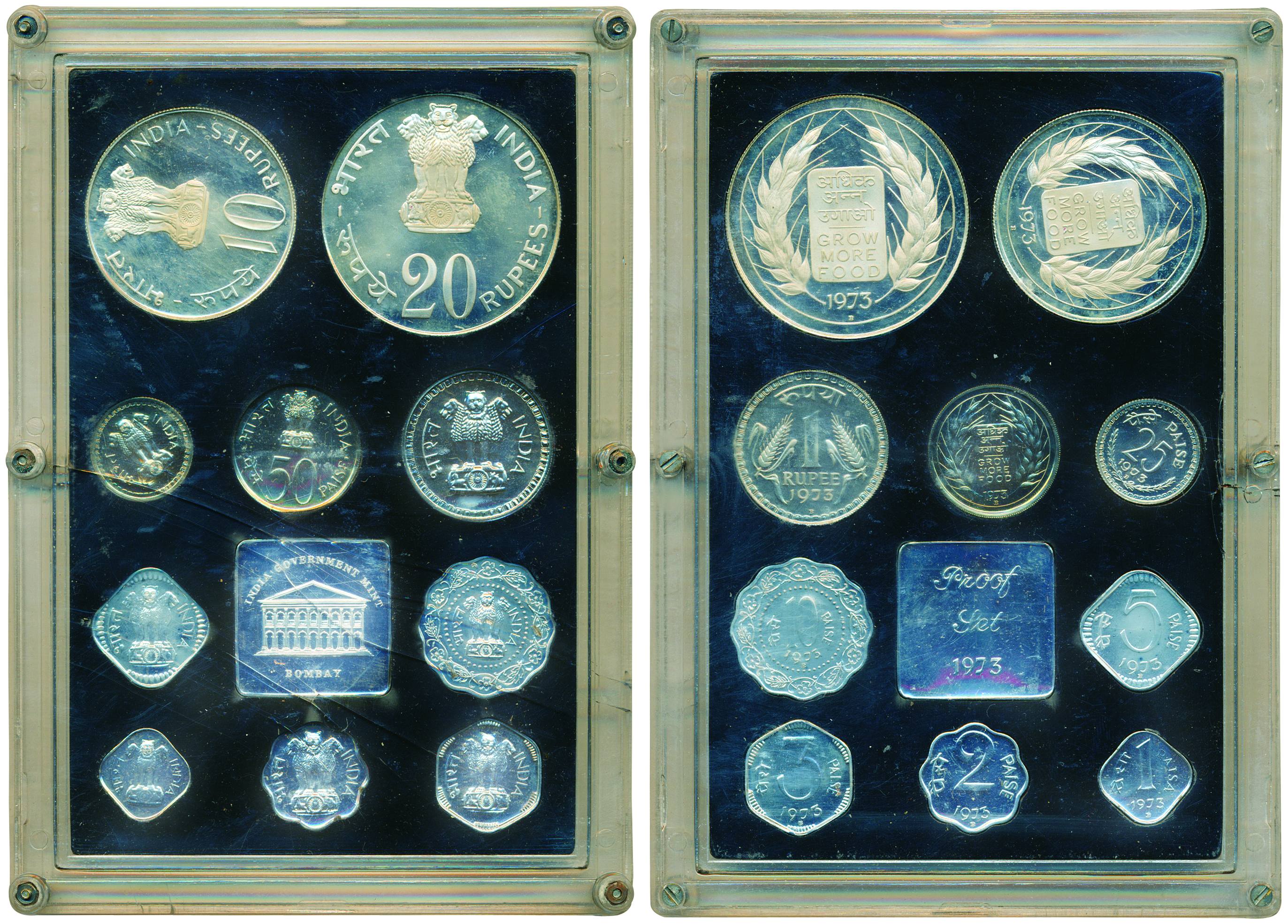 1973 Proof set, 10 coins set, 20 Rupees to 1 Paisa Grow More Food issue, Bombay Mint with 