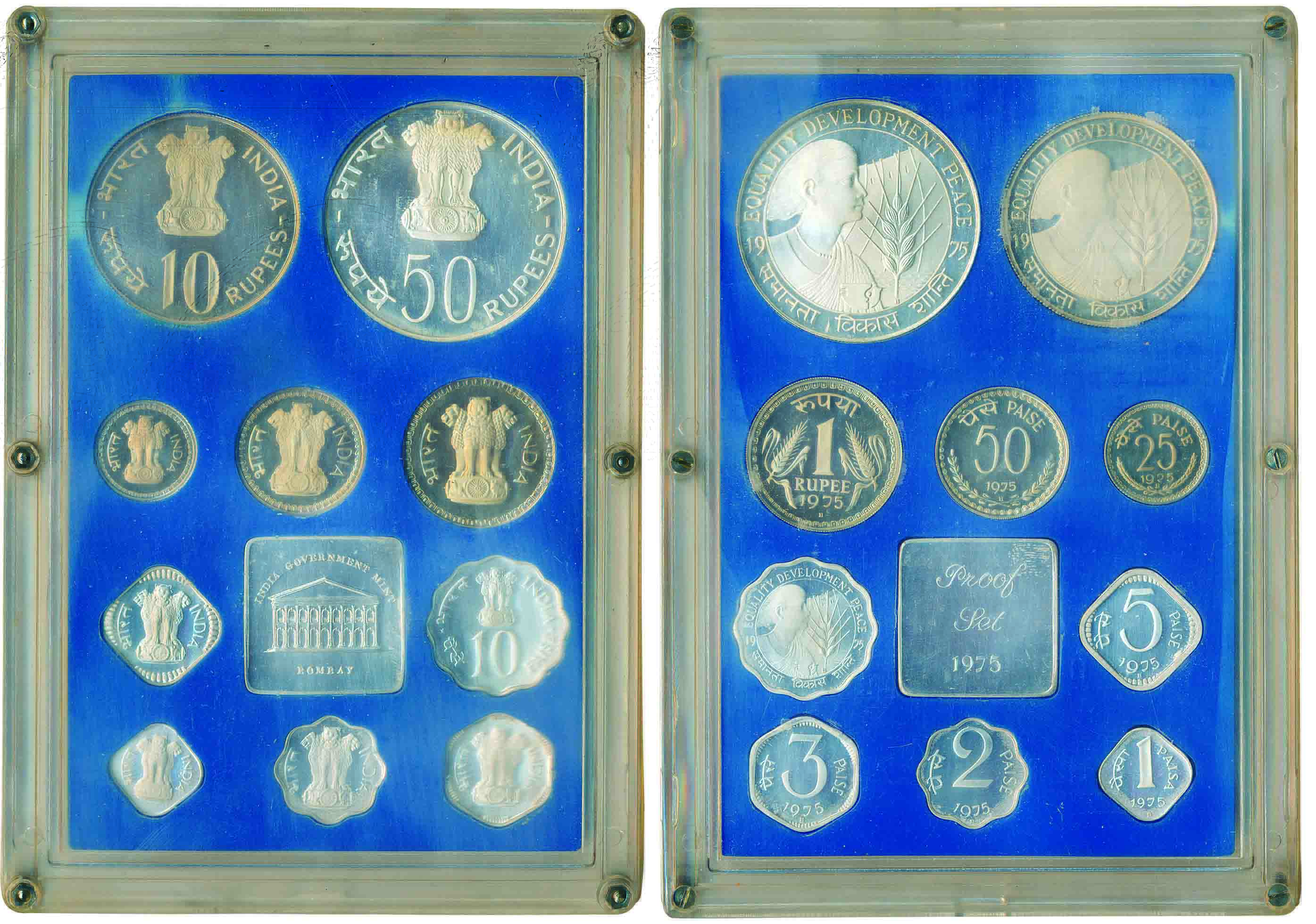 1975 Proof set, 10 coins set, Equality, Development, Peace, Bombay Mint (RB # 48). In orig
