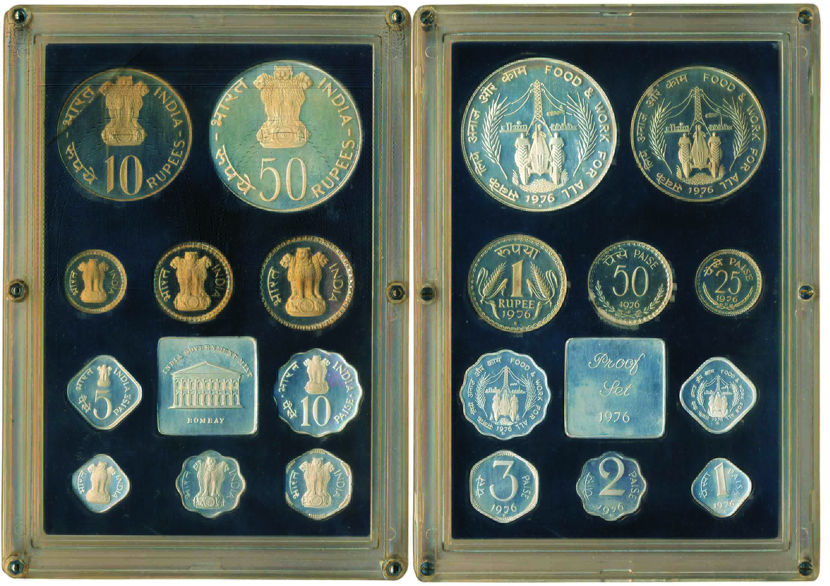 1976, Proof set, 10 coins set, Food and work for all, Bombay Mint (RB# 55). In original pa