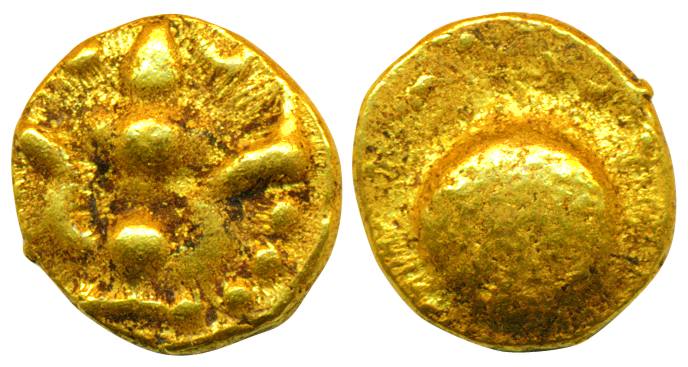 Shilaharas of Karad, Gold Double Fanam, 0.77g, Obv: Trisal, Rev: globule (Mitch K &amp; A 