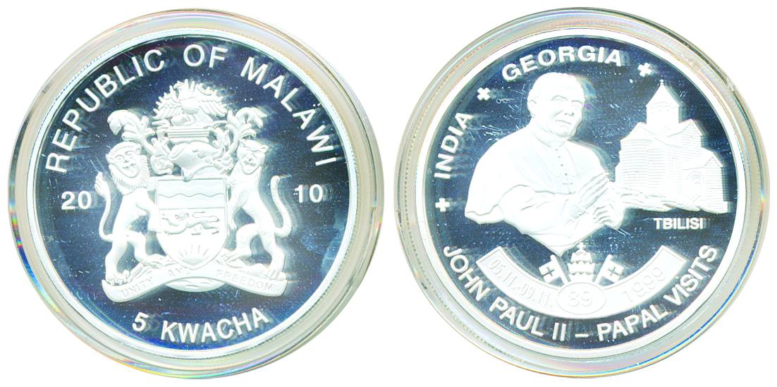Republic of Malawai, Silver 5 kwacha, proof 2010 commorating pope Jhon Paul’s visit to Ind