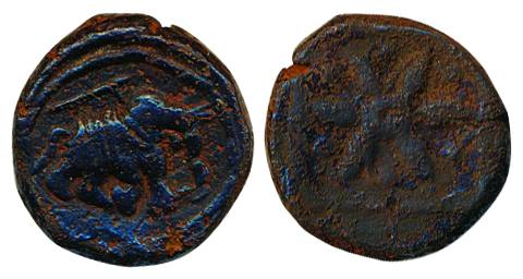 Vijaynagar Empire, Sangam Period, Copper 10.01g, Obv: Elephant marching to right, dagger a