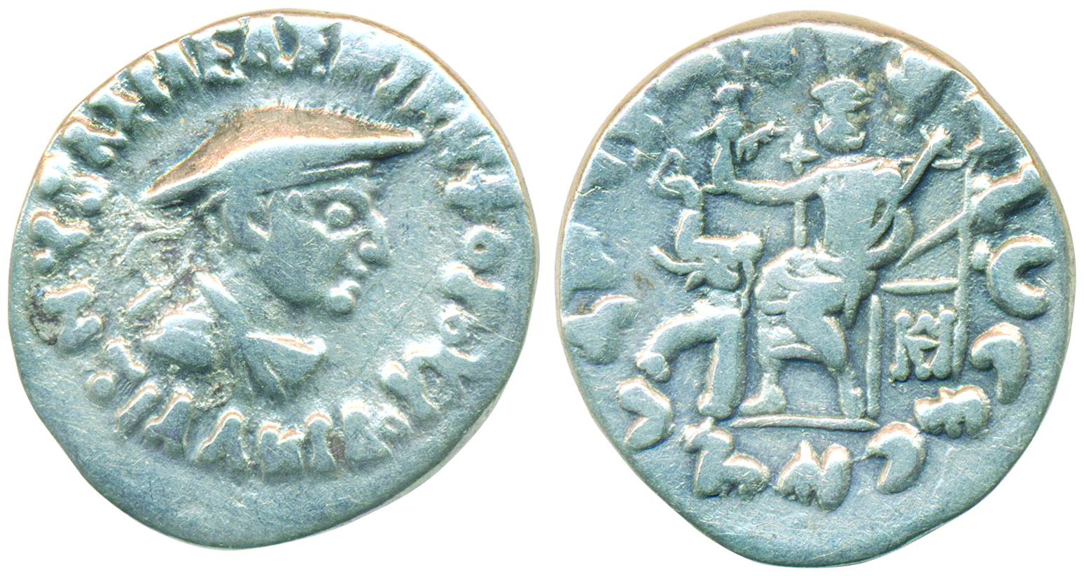 Indo-Greek, Antialkidas (115-95 BC), 2.35g, Obv: bust wearing Kausia, Rev: Zeus enthroned 