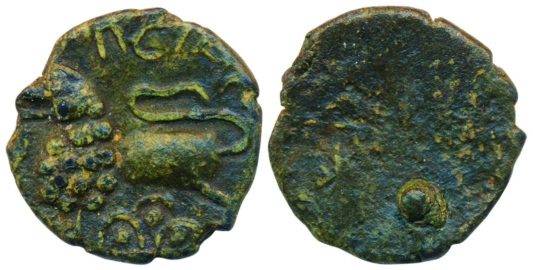 Satavahanas, Satakarni, copper-alloy, 0.60g, Junnar-lion type, Obv: a lion standing at a s