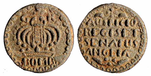 Tin, 33.06 g, Double Pice or 8 Reas or ½ Anna, BOMB below a large crown on obv; legend AUS