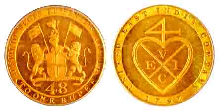 Gold Gilt Copper, 1/48 Rupee, 1797 (KM 398). Minted at Soho, Birmingham Mint. PR 63, packe