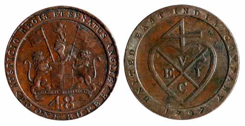 Copper, 1/48 Rupee, 1797 (KM 394). Minted at Soho, Birmingham Mint. About Very Fine, Rare.