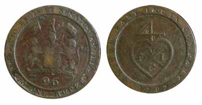 Copper, 1/96 Rupee, 1797 (KM). Minted at Soho, Birmingham Mint. About Very Fine, Rare.