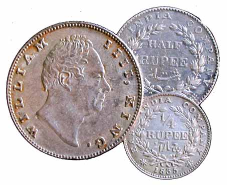 William IV, Silver (3), Set of 3: Rupee, ½ Rupee and ¼ Rupee, 1835, F incused. About Very 