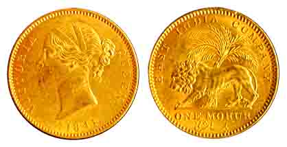 Victoria Queen, Gold, Khajuri Mohur, 1841, ww incused type, Divided legend. About Extremel