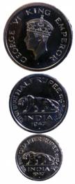 George VI, Iron (3), Rupee, ½ and ¼ Rupee, 1947, Bombay Mint with Diamond Mint mark below 