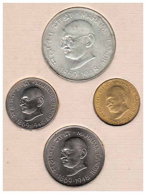 UNC Set of Mahatma Gandhi, 1969, 20 & 50 Paise; 1 Rupee and 10 Rupees. Packed in green dia