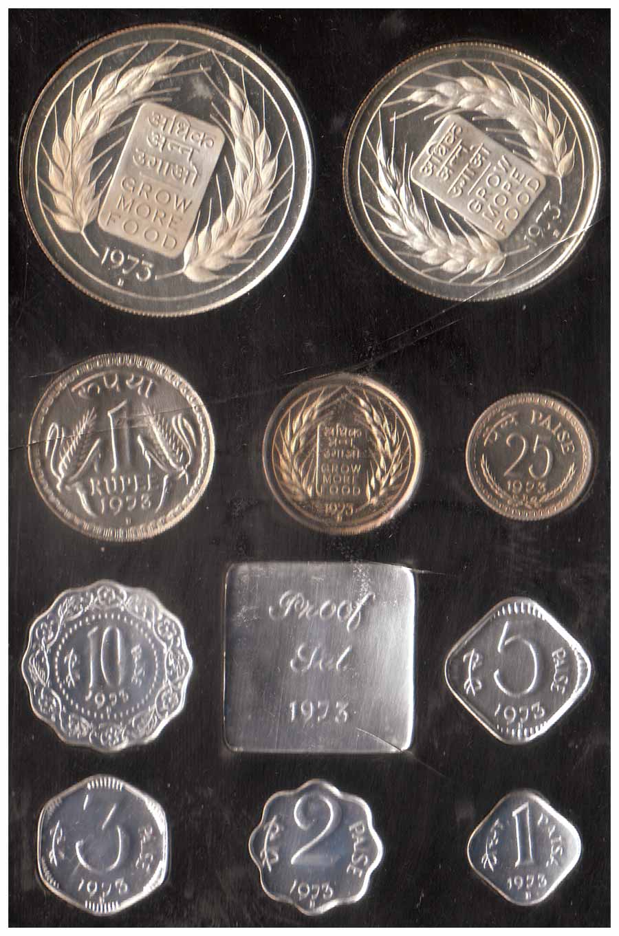 Proof Set of 1973, Bombay mint, Grow More Food issues of 10 coins set type. In plastic cas