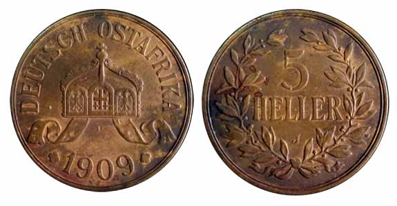 German East Africa, Copper, 5 Heller, 1909 J (KM 11). About Very Fine, Scarce.