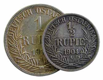 German East Africa, Silver (4), Complete set of 4: Double Rupee, Rupee (1913), ½ (1904) an