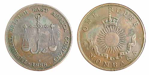 Mombasa, Silver, Rupee, 1888 H. Very Fine+, Scarce.