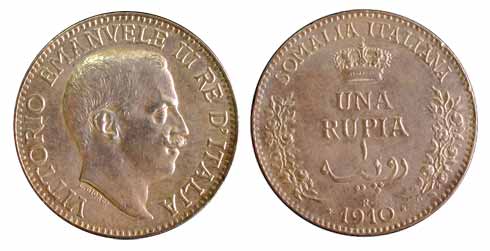 Somalia Italia, Silver, Una (1) Rupia, 1910. About Extremely Fine, Rare.
