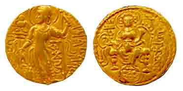 Guptas, Samudragupta, 4th century AD, Gold, Dinar, Standard type, king standing offering o