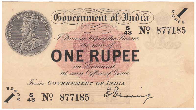 Re. 1, sign H Dennning, Gujarati variety Rupio (Jhun# 1.1B). About UNC, Extremely Rare.
