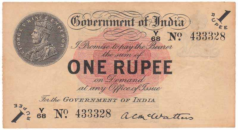 Re. 1, sign A C MacWatters, Watermark Variety A (Jhun# 1.2A). About Very Fine, Rare.