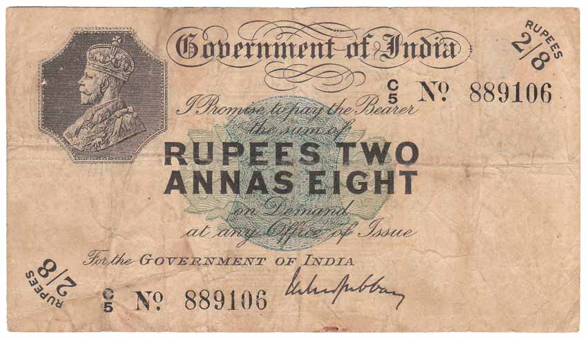 Rs. 2 ½ (Rupees 2 Annas 8), sign M M S Gubbay, Prefix C for Calcutta Circle of issue (Jhun