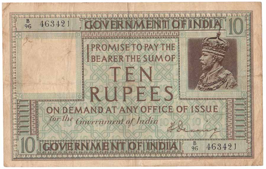 Rs. 10, multi-colour, Big issue, sign H Denning, 1st issue, serial numbers on upper-left a
