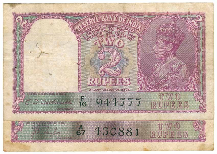 Rs. 2 (6), sign C D Deshmukh, Black Serial numbers (Jhun# 2.2). Good to Fine+, Rare. 6 not