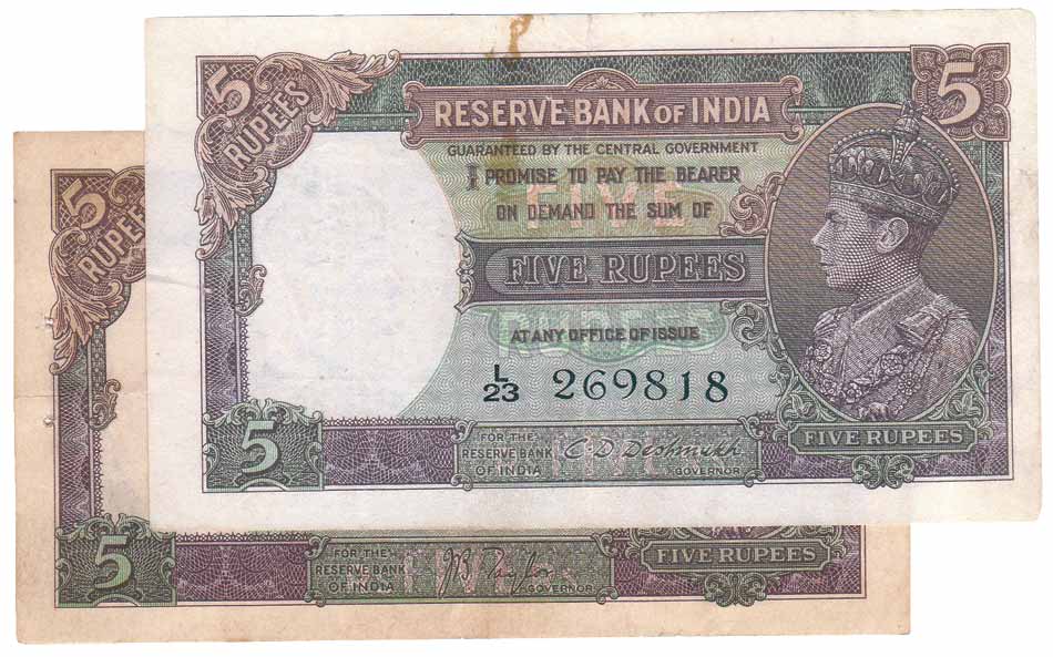 5 Rupees, sign J.B. Taylor (19) and C D Deshmukh (10), 1st Issue of 1944, profile Head typ