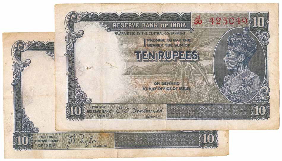 10 Rupees, sign J.B. Taylor (7) and C D Deshmukh (1), 1st Issue of 1944, profile Head type