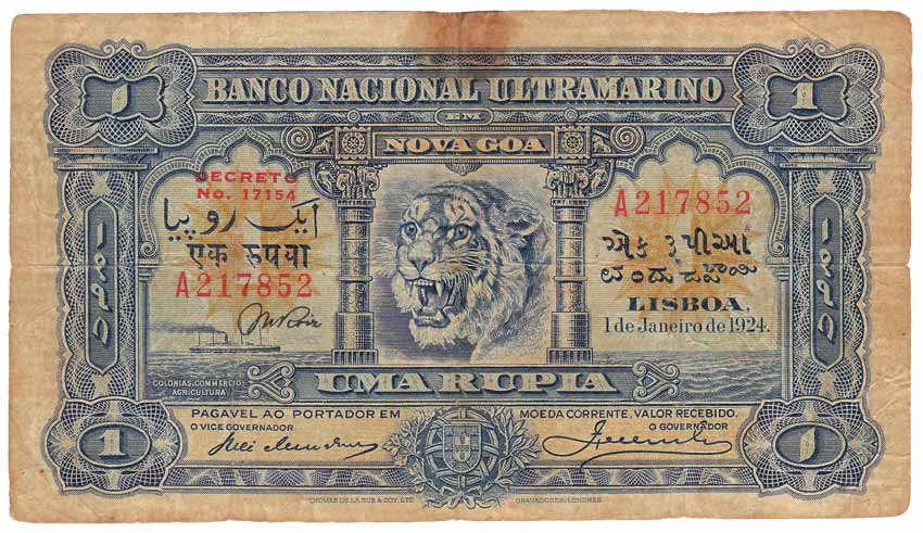 Re. 1, Banco Nacional Ultramarino issue of 1929, Red Serial numbers (Jhun# 21.1). Some sta