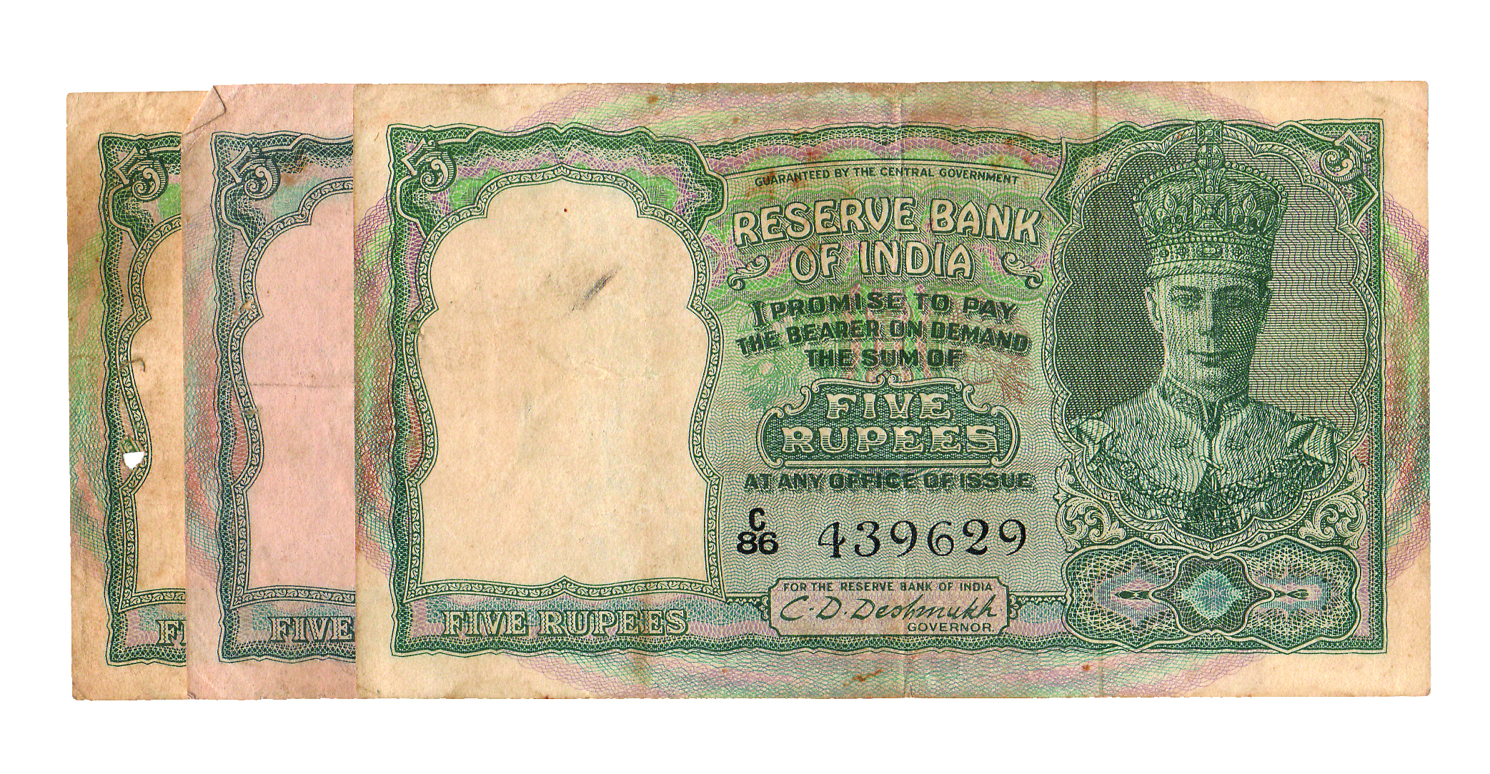 Rs. 5 (3), 2nd issue of September 1947, Front Facing, C D Deshmukh, Black Serial Numbers (