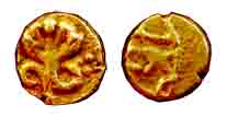 Tanjore issues, Gold, 0.38 g, Fanam, a Nag (snake) on the obv; crude legend, kille venkata