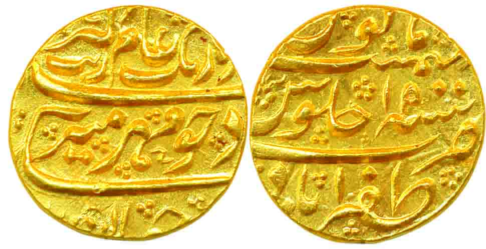 Aurangzeb, Gold Mohur, Zafarabad Mint, AH 1087/ RY 19 (KM# 315.49), complete mint name on 
