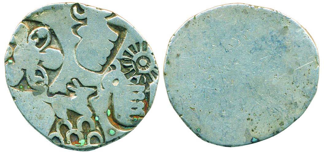 Punch Marked Coins, Magadha Janapada, Silver Karshapana, 3.37g, Obv: five Symbol Coin, ABC