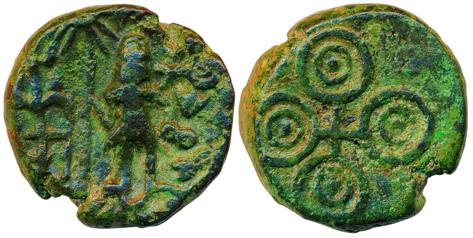Ujjaini, Copper Unit, Obv: Standing Lord Shiva holding spear & Karmandal, Rev: Ujjaini sym