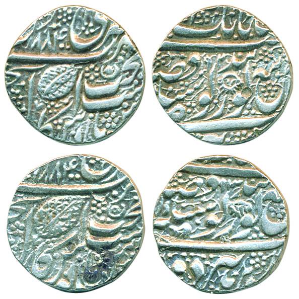 Ranjit Singh, Silver Rupee (2), Amritsar Mint, VS 1884, Obv: Fath Guru Gobind Singh legend
