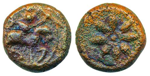 Nawab of Arcot, Copper, 1.37g, Obv: king seated on horse with weapon in hand, Rev: flower/
