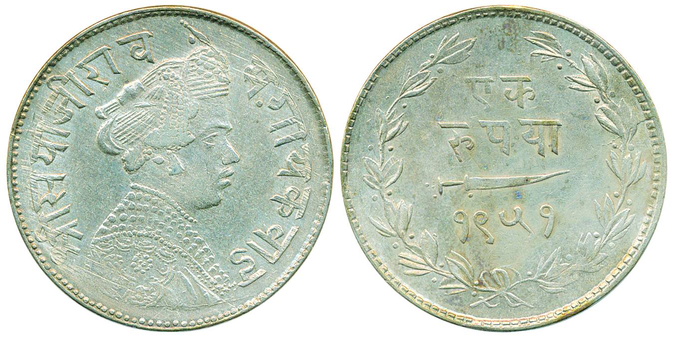 Sayaji Rao III, Silver Rupee, 11.31g, Portrait type, Baroda Mint, VS 1951, small flan type