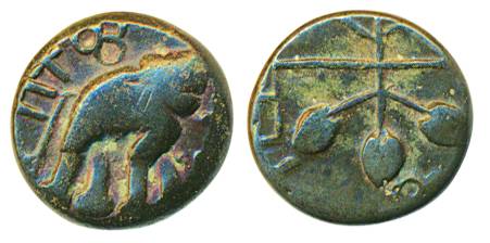 Satavahanas, Kausikiputra Satakarni, Copper Unit, 5.73g, Obv: elephant with upraised trunk