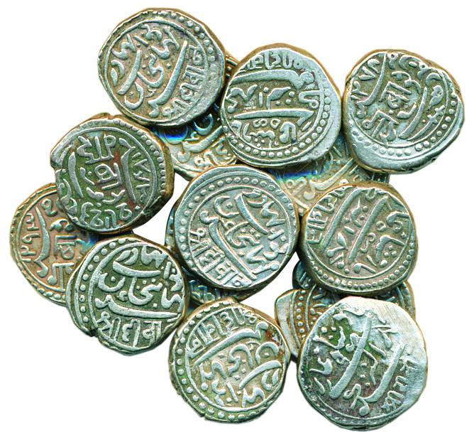 Silver Kori (14), Mixture of late Mughal issues in name of Muhammad Akbar II and local iss