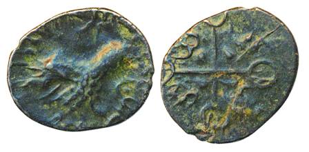 Satavahanas, Satavahana I, Copper Unit, 1.76g, Lion-Ujjaini symbol type, Obv: Lion standin