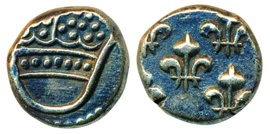 Silver Fanon, 1.54g, Obv: pearled crown, Rev: 5 fleur-de-lis, ND (1760). Uncleaned, Very f
