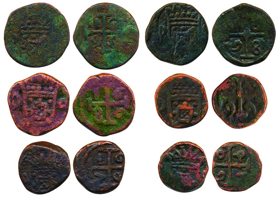 Diu, Copper (6), Bazarucos and Atia, various dates (KM# 1, KM# 14). Fine to very fine, sca