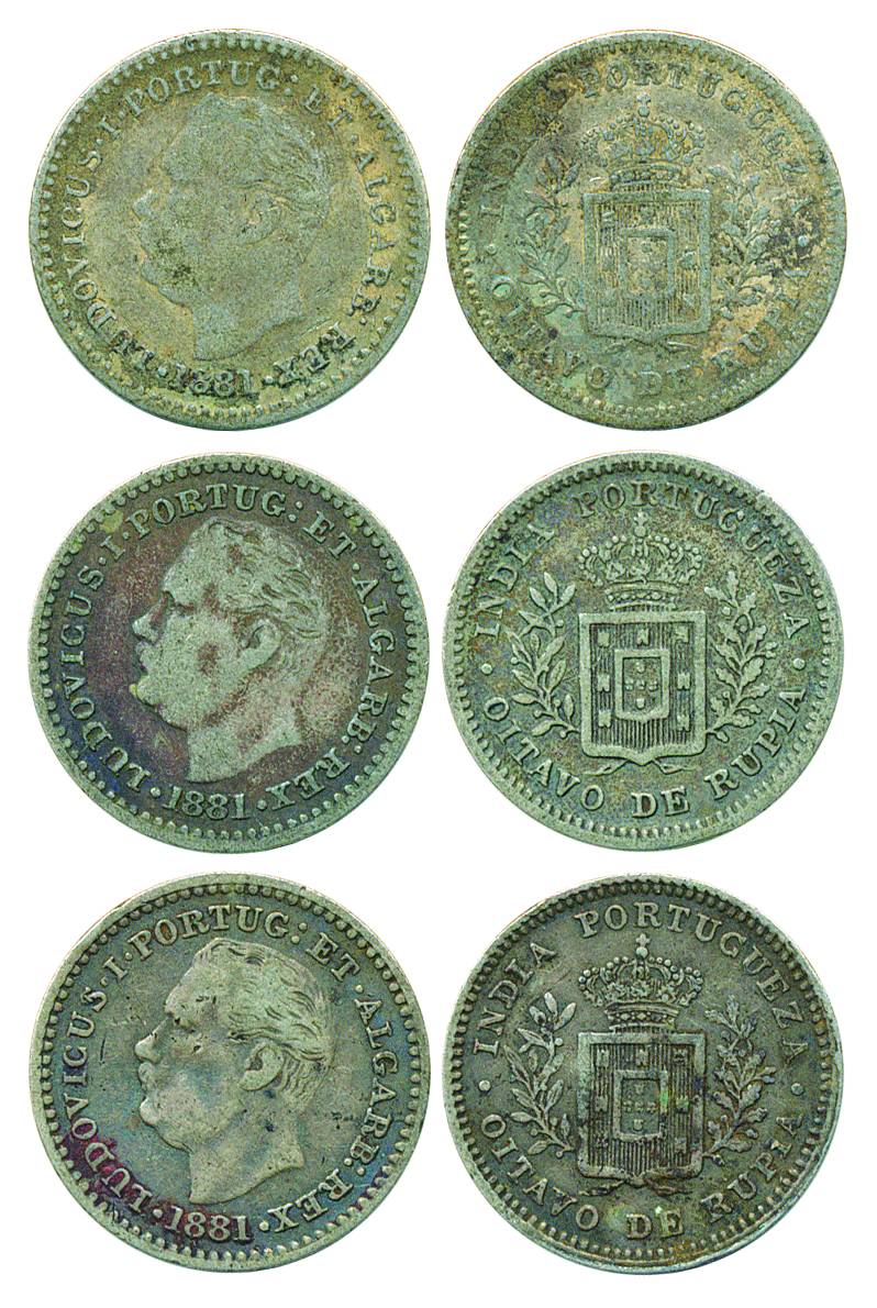 Ludovicus I, Silver 1/8 Rupia-2 Annas (3), 1881, Left facing image of King with, Rev: Coat