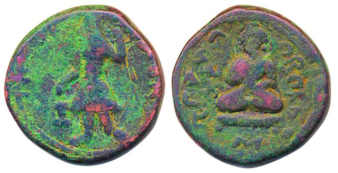Kushana, Kanishka, Copper Tetradrachm, 16.73 g, Purushpura-Taxila mint, ‘Maitreya Buddha’ 