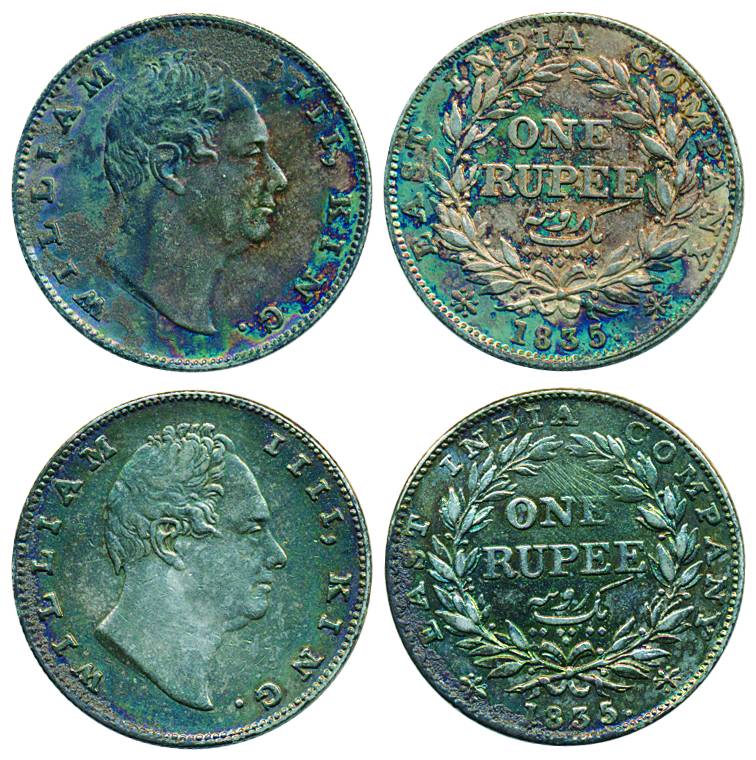 Willam IV, Silver Rupee (2), 1835, Bombay Mint, no initial, 19 berries (Pr#40). About very