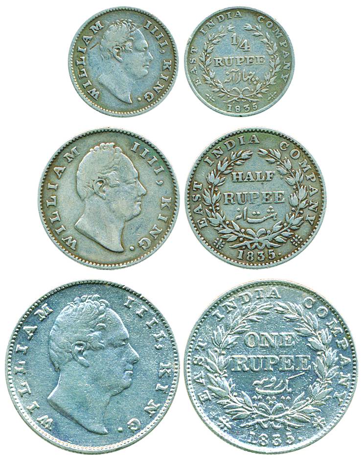 William IV, Silver set of 3 coins,Rupee, ½ Rupee & ¼ Rupee, 1835, Bombay and Calcutta Mint