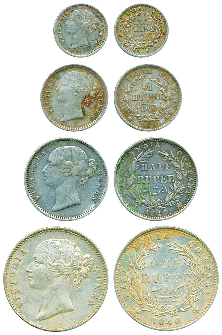 Victoria Queen, Silver Set of 4, Rupee, ½ Rupee, ¼ Rupee 1840and 2 Annas 1841, divided leg