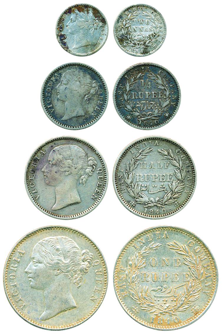 Victoria Queen, Silver Set of 4, Rupee, ½ Rupee, ¼ Rupeeand 2 Annas 1841,divided legend. V