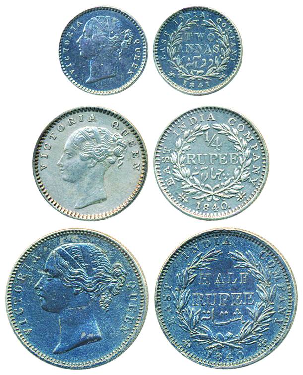 Victoria Queen, Silver (3) ½ Rupee&¼ Rupee 1840, 2 Annas 1841. Very fine+, scarce. 3 coins